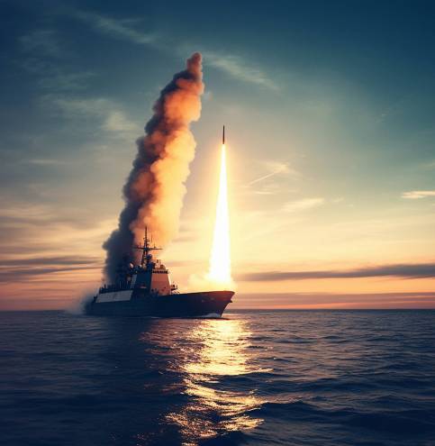Ship or rocket missile launch in military or sea war. Ai generated army boat explosion on the ocean.